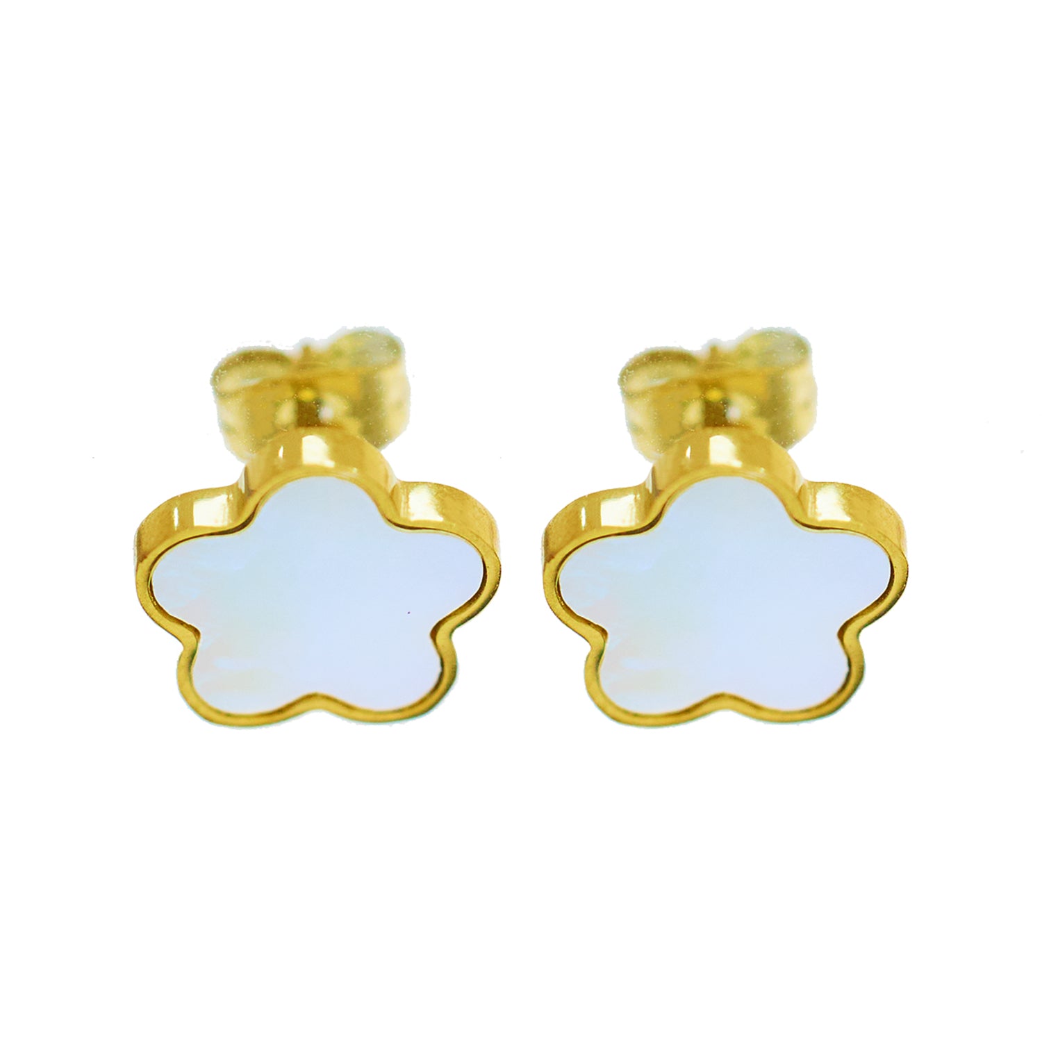 Mirabelle Studs | Mother-of-Pearl Flower Earrings in 18K Gold — detail view — TJAURI jewelry
