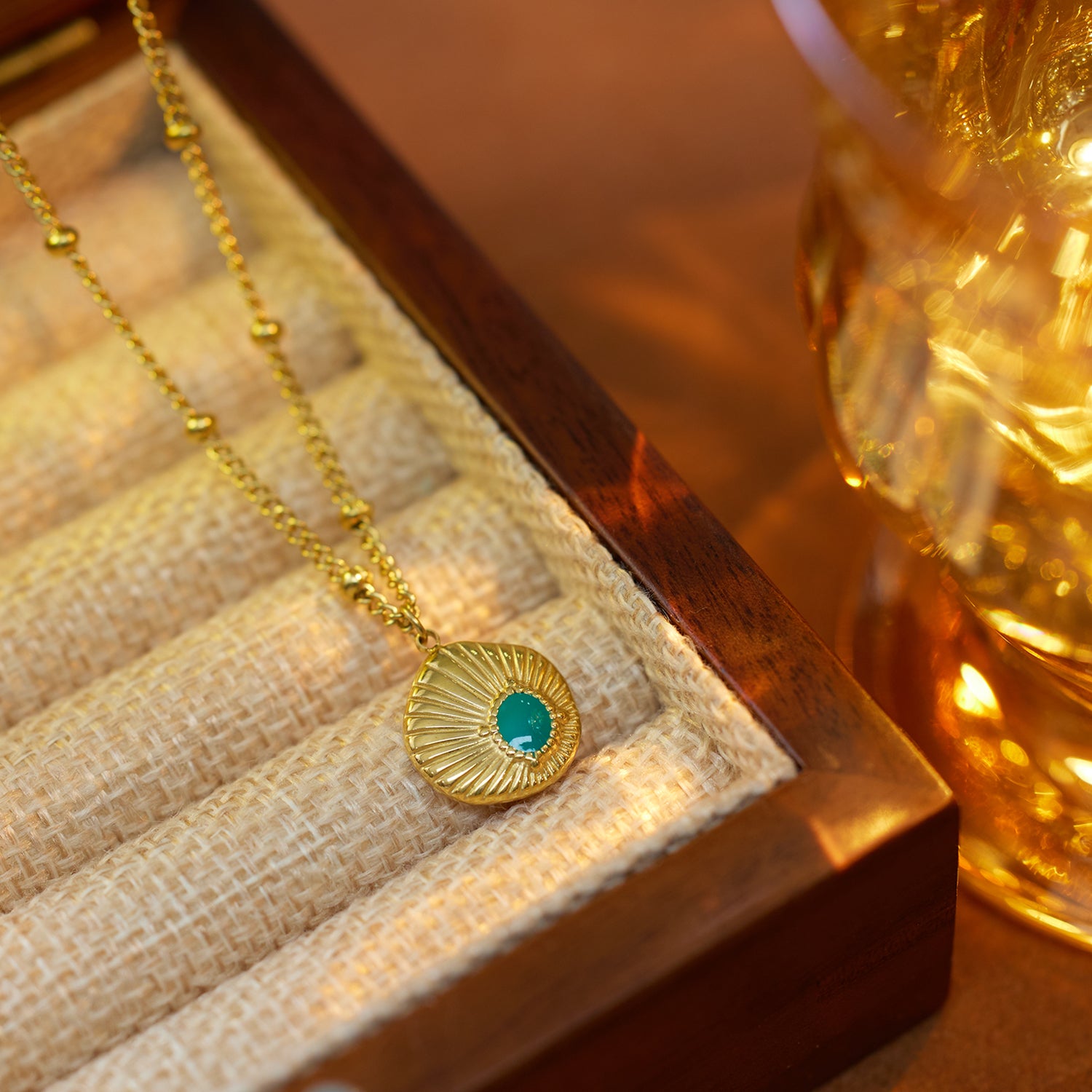 Zeyra Necklace | Turquoise Sunburst Gold Pendant — detail view — TJAURI jewelry