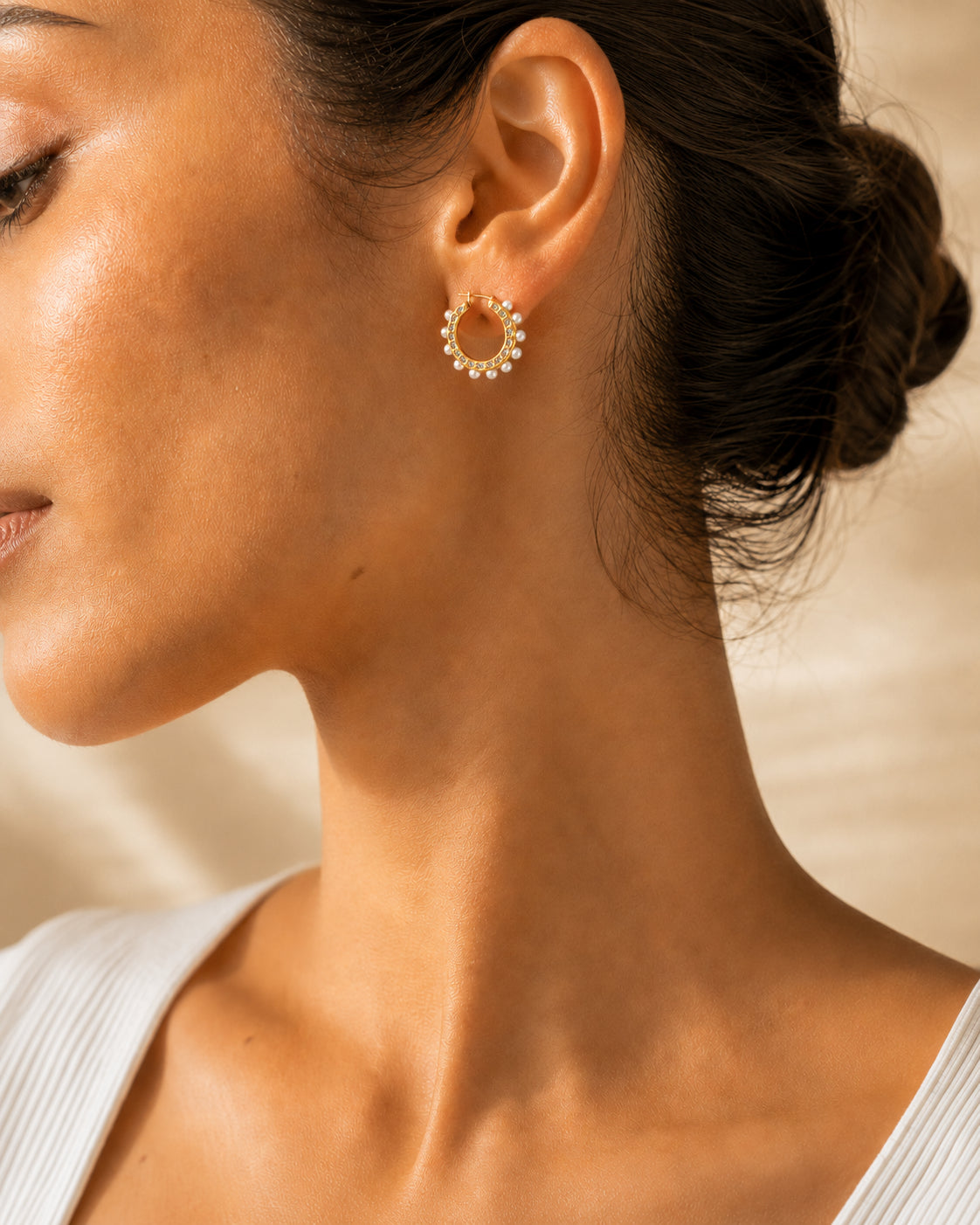 Perlaire Hoops | Pearl & Zircon Gold Hoop Earrings