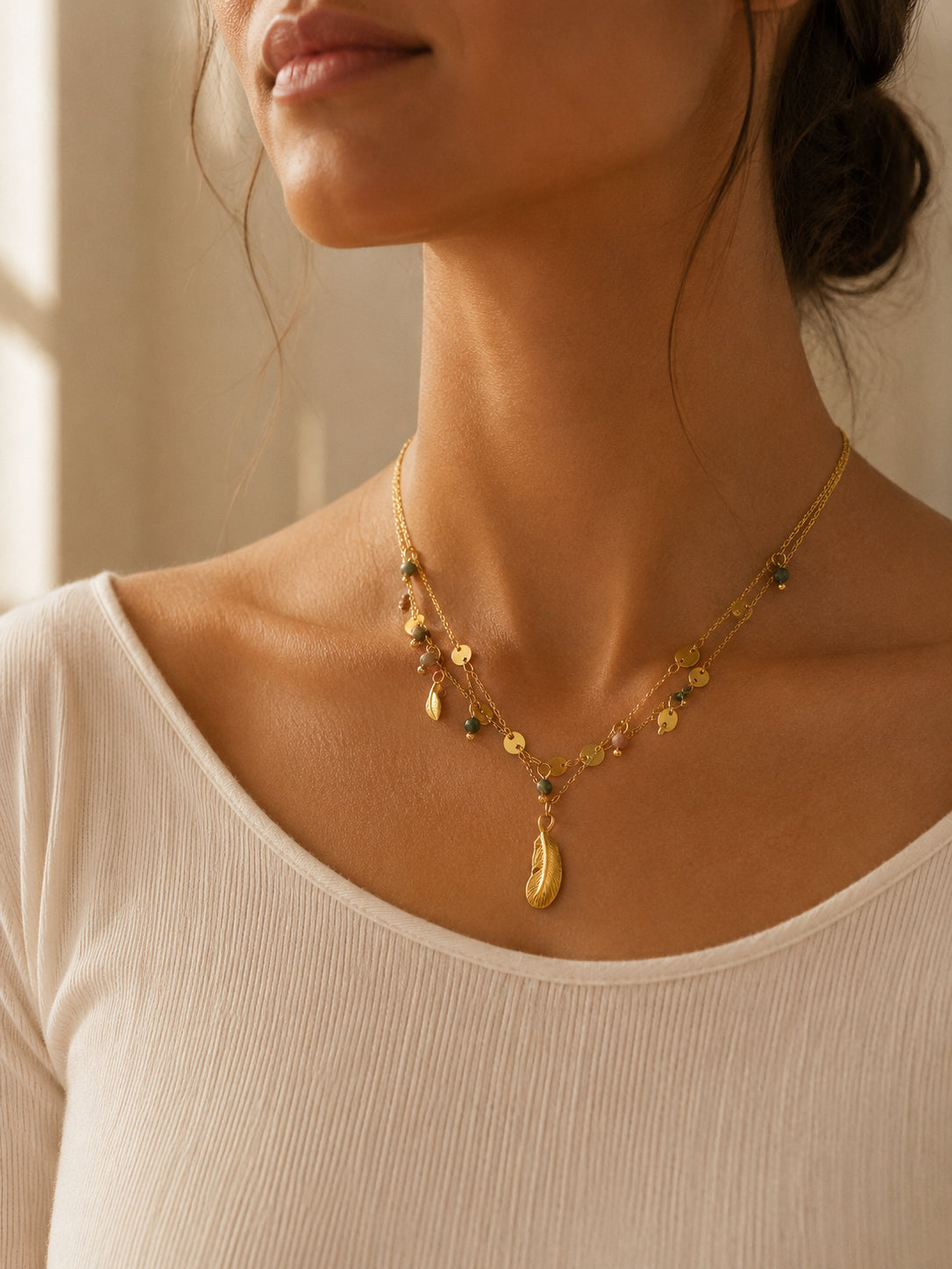 Liora Necklace | Layered Gold Feather & Bead Chain